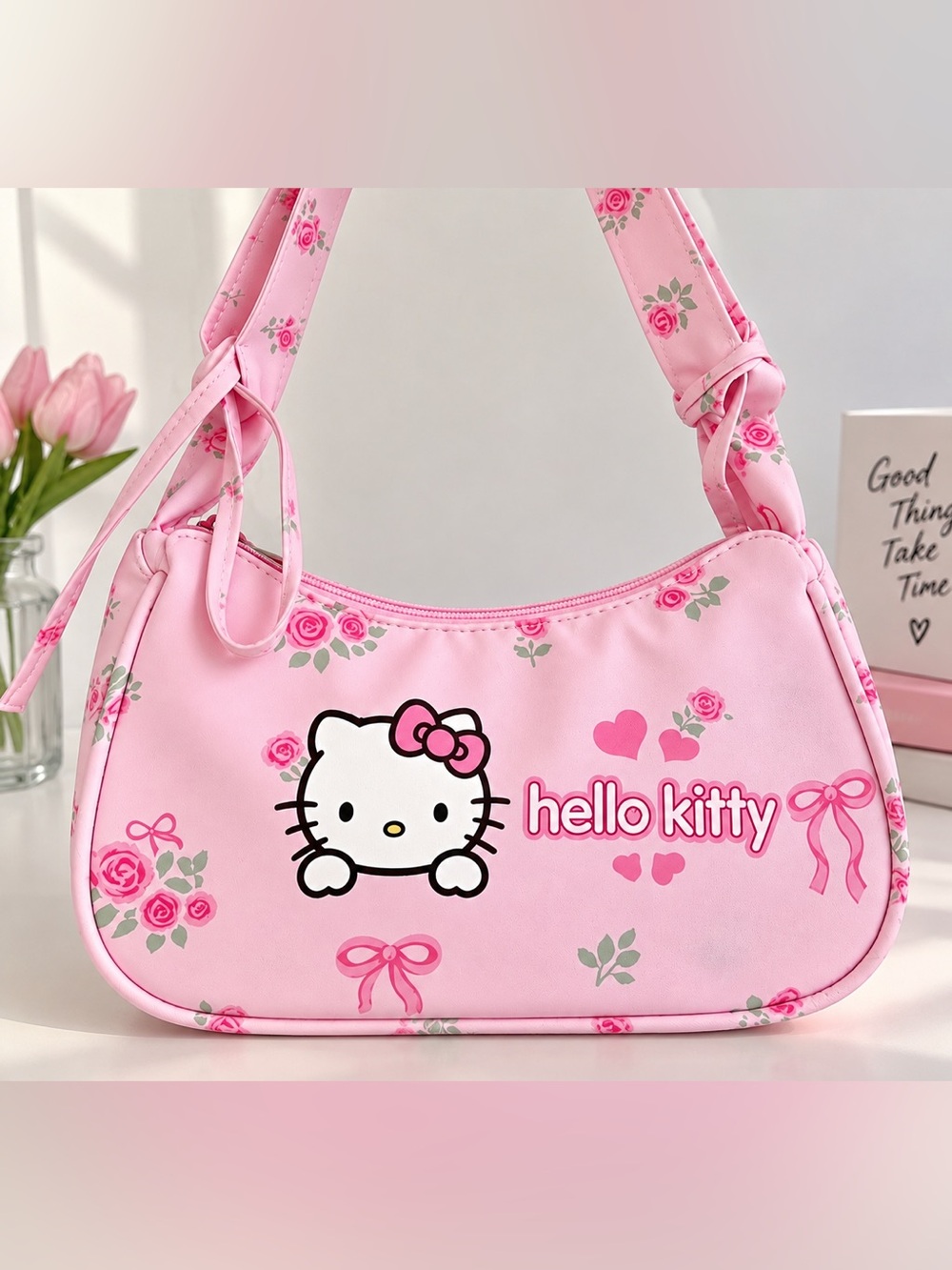 Hello Kitty Pink Floral Shoulder Bag with Bow Accents